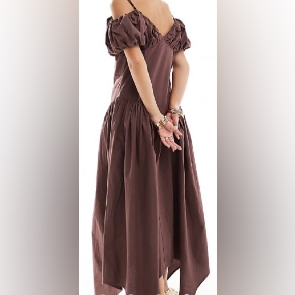 ASOS DESIGN bardot sleeve button up midi dress/oversized skirt/chocolate/US 6 - Picture 2 of 8